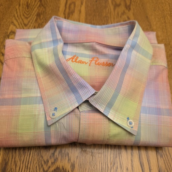 Alan‎ Flusser Large Pink Plaid Long Sleeve Button Up Shirt  Preppy Dress Work - Picture 16 of 16